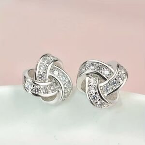 Silver Love Knot Rhinestone Stud Earrings Clear Gemstone Crystal Everyday Dainty